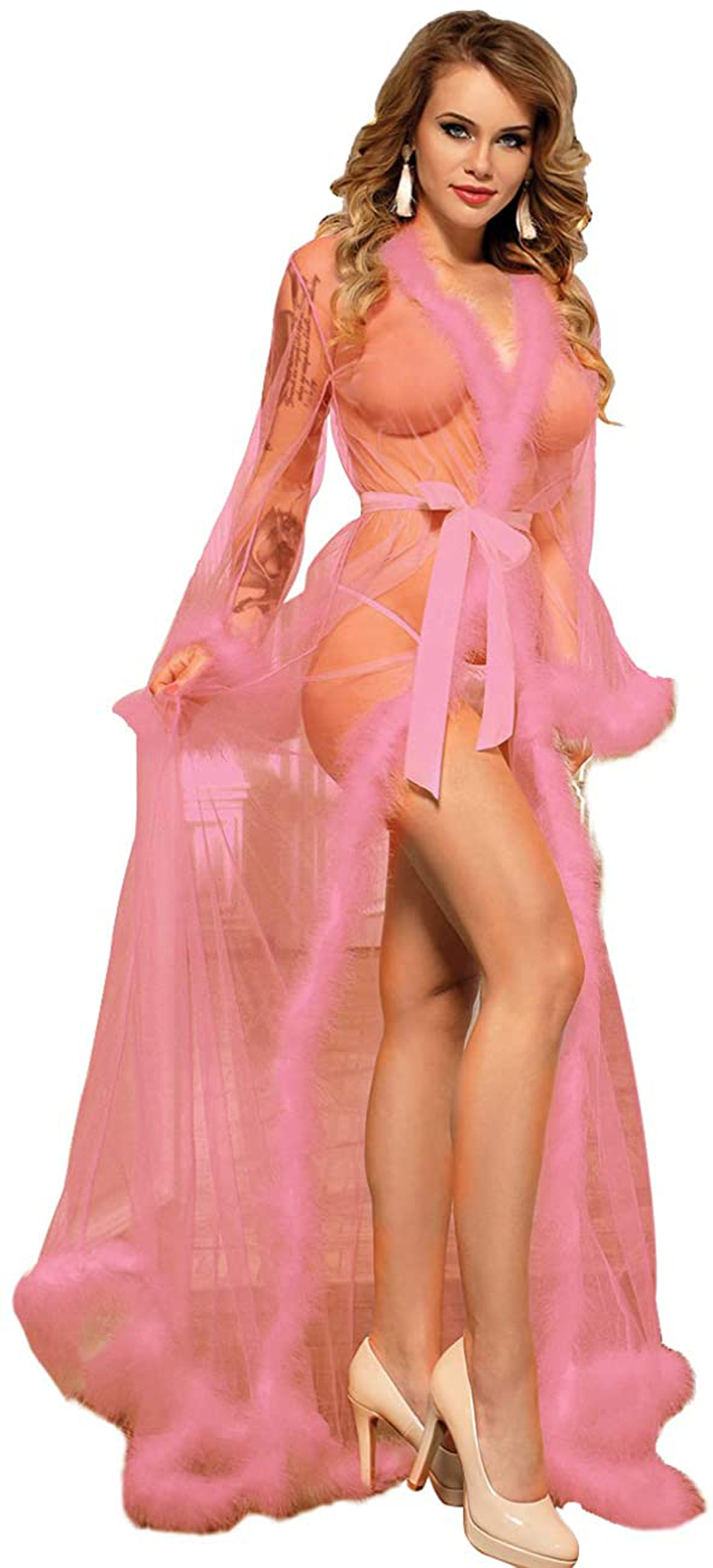 Women Feather Bridal Robe Wedding Scarf Long Gown Lingerie Robe with Fur Nightgown Bathrobe Tulle Maternity Dress M-5XL Apparel & Accessories > Clothing > Sleepwear & Loungewear > Robes ohyeah Pink 12-14 