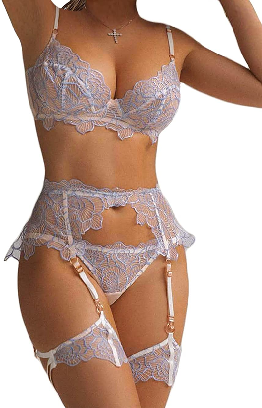 Kaei&Shi Floral Embroidered Sheer,Underwire,G-String,Belt,Thigh Straps,4 Piece Garter Lingerie Set Apparel & Accessories > Clothing > Underwear & Socks > Lingerie Kaei&Shi Blue 6-8 