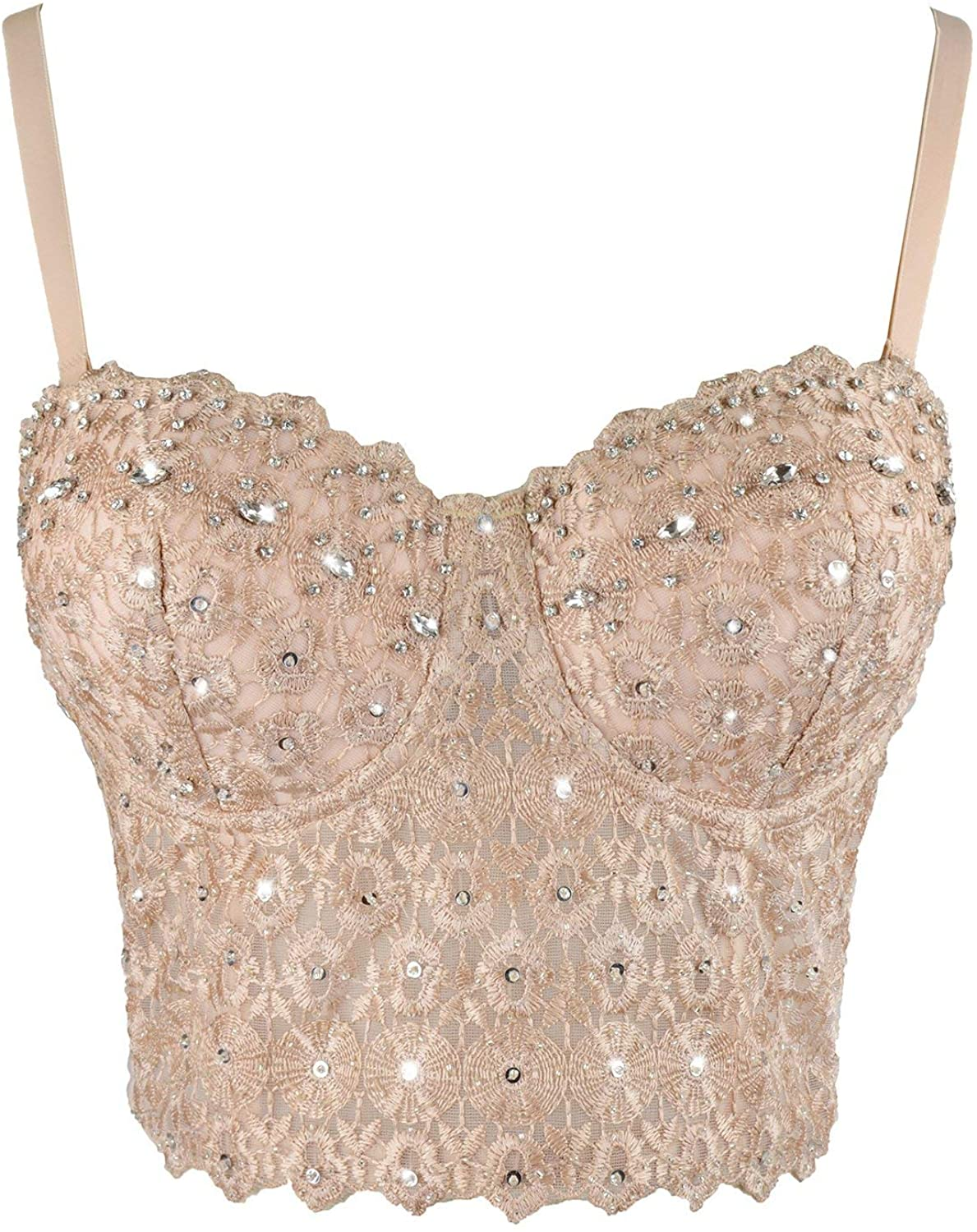 ELLACCI Women'S Natural Reigning Lace Rhinestone Bustier Crop Top Sexy Mesh Corset Top Bra Apparel & Accessories > Clothing > Underwear & Socks > Lingerie ELLACCI   