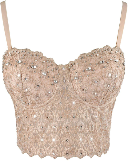 ELLACCI Women'S Natural Reigning Lace Rhinestone Bustier Crop Top Sexy Mesh Corset Top Bra Apparel & Accessories > Clothing > Underwear & Socks > Lingerie ELLACCI   