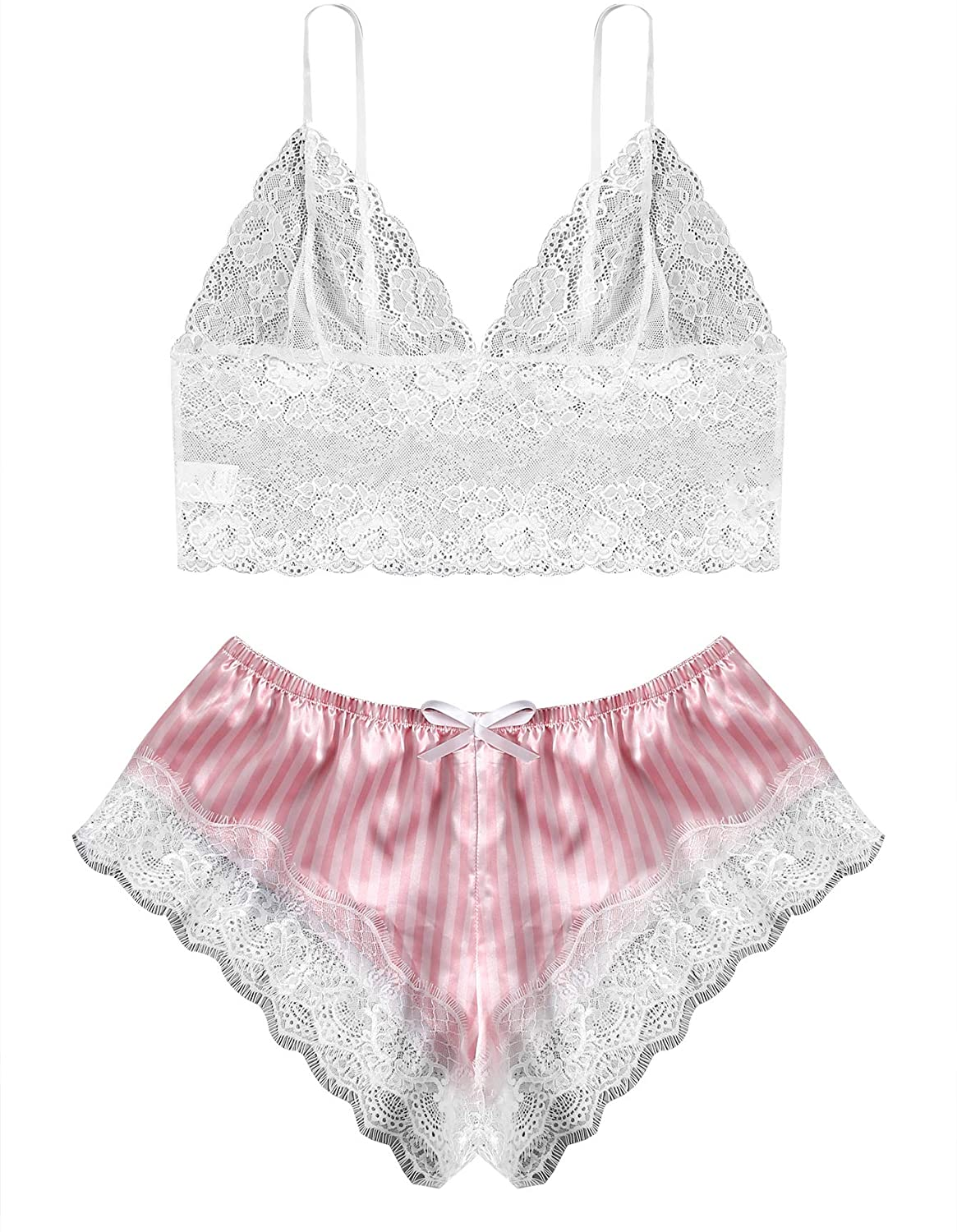 SOLY HUX Women'S plus Size Spaghetti Strap Lace Trim Bralette and Shorts Sleepwear Pajama Lingerie Set Apparel & Accessories > Clothing > Underwear & Socks > Lingerie KYLIE MAX Pink Striped X-Large Plus 