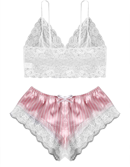 SOLY HUX Women'S plus Size Spaghetti Strap Lace Trim Bralette and Shorts Sleepwear Pajama Lingerie Set Apparel & Accessories > Clothing > Underwear & Socks > Lingerie KYLIE MAX Pink Striped X-Large Plus 