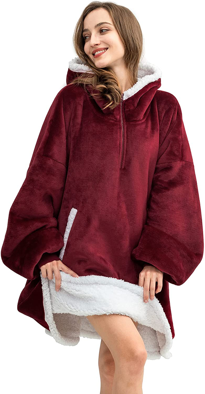 HBlife Oversized Long Wearable Blanket Hoodie for Adult, Thick Sherpa Sweatshirt with Elastic Sleeves and Giant Pockets Super Warm and Cozy Fuzzy Plush Fleece Blanket Jacket, Blue Arts & Entertainment > Party & Celebration > Gift Giving HBlife Burgundy Adult-Short 