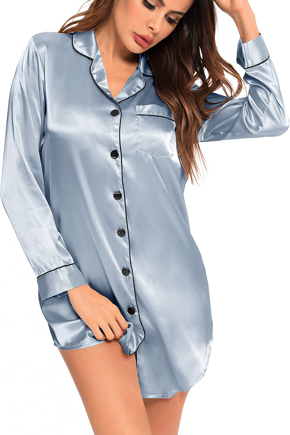 SWOMOG Women'S Satin Sleep Shirt Long Sleeve Sleepwear Silk Nightshirt Button down Pajama Top Apparel & Accessories > Clothing > Sleepwear & Loungewear > Nightgowns Kylie Max   