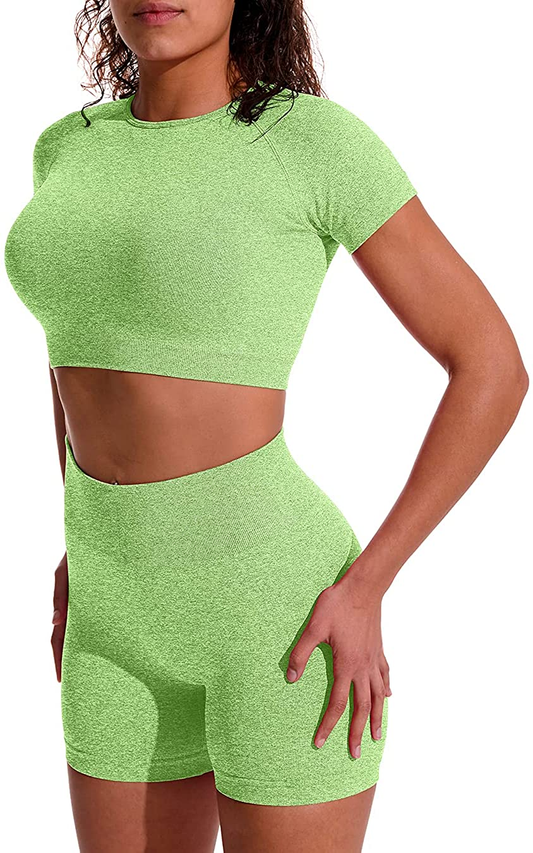 OYS Women'S Yoga 2 Piece Outfits Workout Running Crop Top Seamless High Waist Sports Shorts Sets Apparel & Accessories > Clothing > Underwear & Socks > Lingerie OYS 1#light Green Large 
