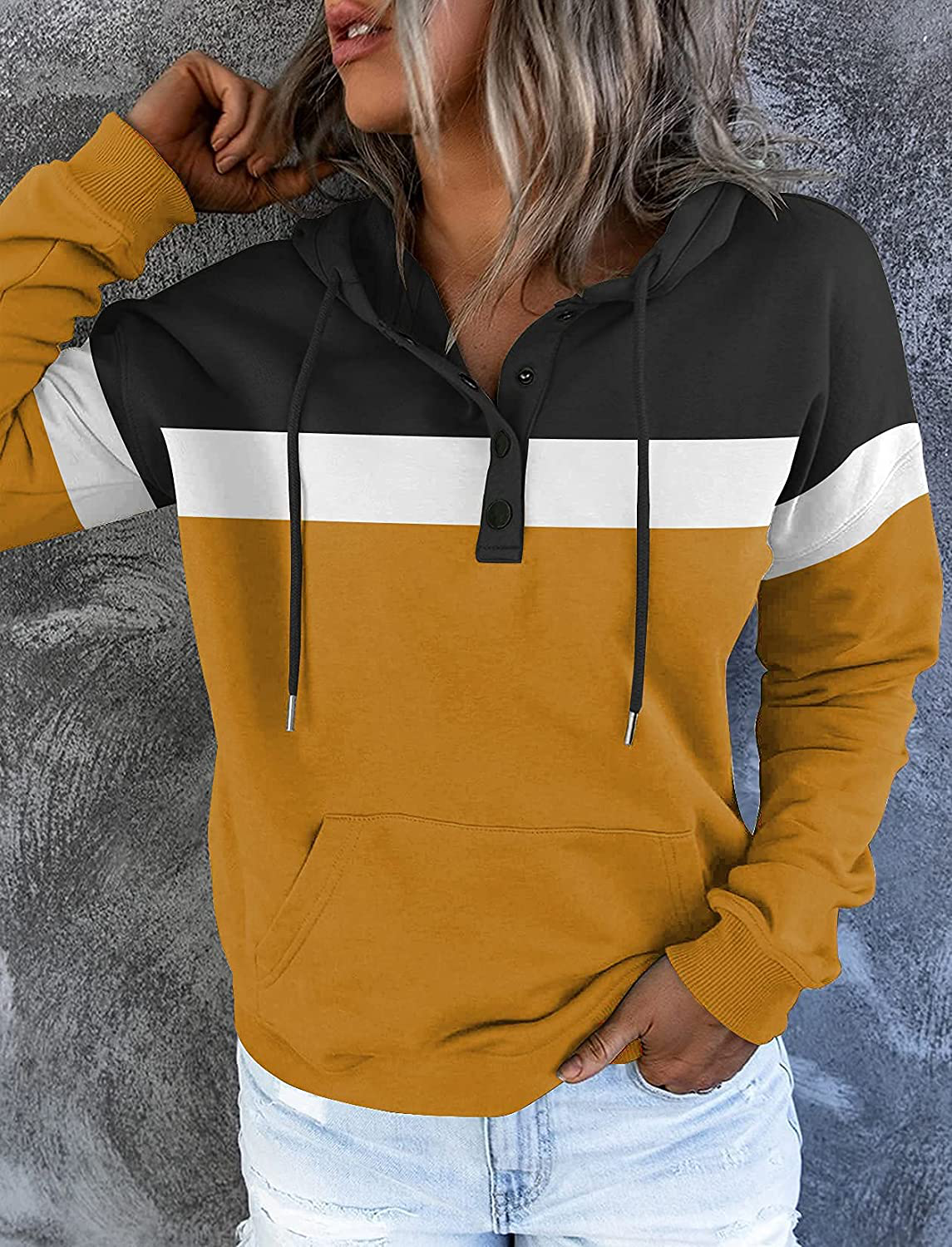 Women'S Casual Color Block Hoodies Long Sleeve Tops Button down Drawstring Pullover Sweatshirts with Pocket Apparel & Accessories > Clothing > Activewear Kylie Max   