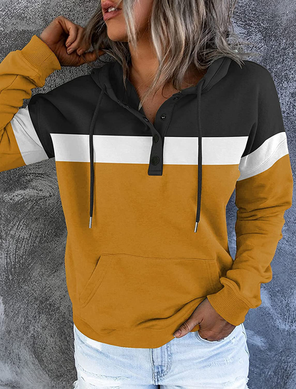 Women'S Casual Color Block Hoodies Long Sleeve Tops Button down Drawstring Pullover Sweatshirts with Pocket Apparel & Accessories > Clothing > Activewear Kylie Max   