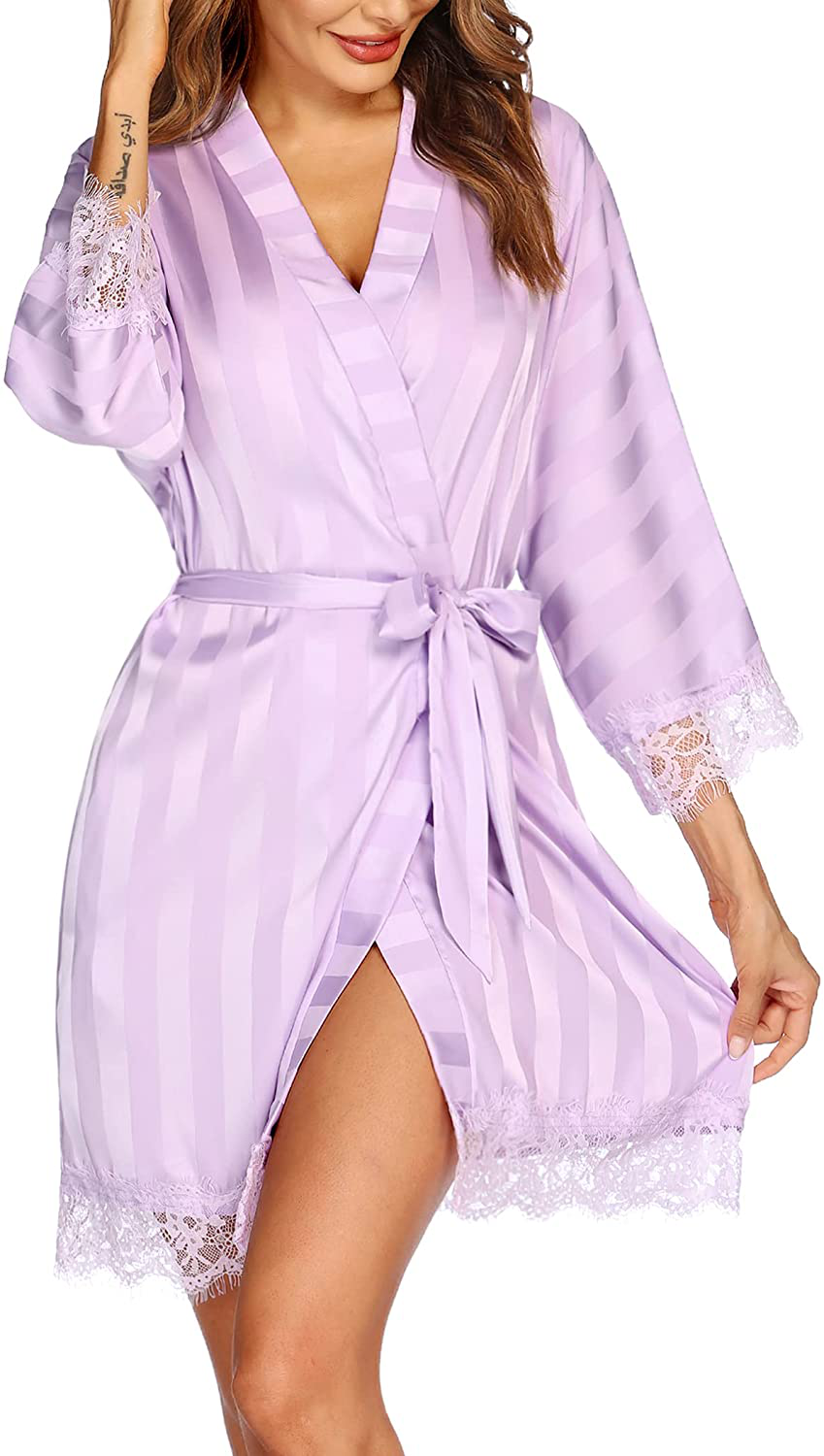 Hotouch Satin Rrobes for Women Silk Bathrobe Short Kimono Robes with Oblique V-Neck Bridesmaid Wedding Party Dressing Gown Apparel & Accessories > Clothing > Sleepwear & Loungewear > Robes Hotouch Lavender X-Small 