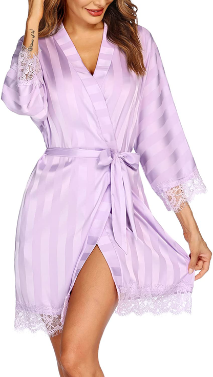 Hotouch Satin Rrobes for Women Silk Bathrobe Short Kimono Robes with Oblique V-Neck Bridesmaid Wedding Party Dressing Gown Apparel & Accessories > Clothing > Sleepwear & Loungewear > Robes Hotouch Lavender X-Small 