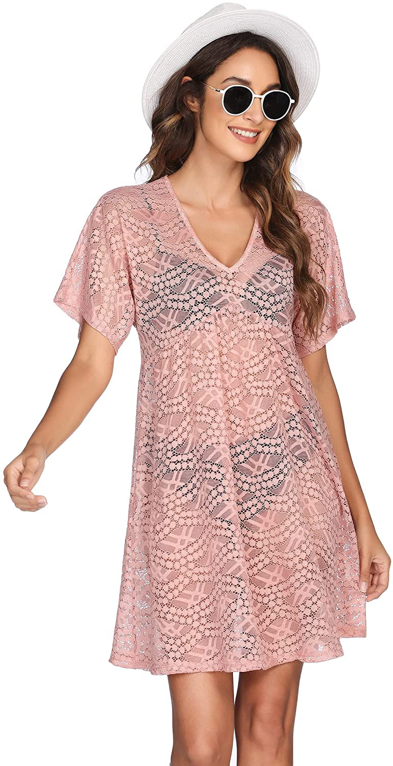 Ekouaer Women Swimsuit Cover Ups Batwing Sleeve Sheer Lace Cover up Bathing Suit Beach Dress Apparel & Accessories > Clothing > Swimwear Kylie Max   