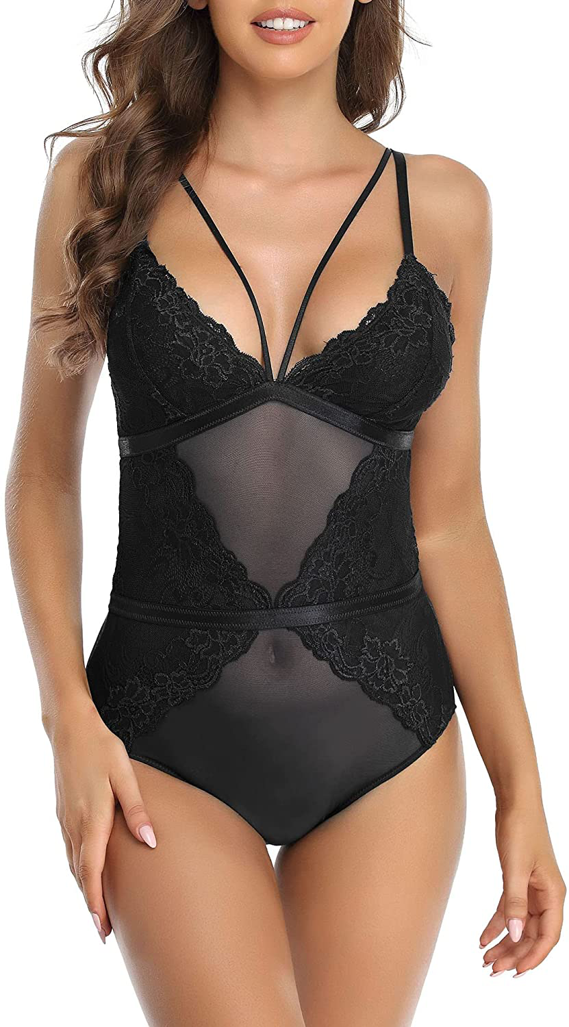 SHEKINI Women’s One Piece Lingerie Padded Leopard Teddy Mesh Bodysuit Apparel & Accessories > Clothing > Underwear & Socks > Lingerie KYLIE MAX Black 6079 Small 