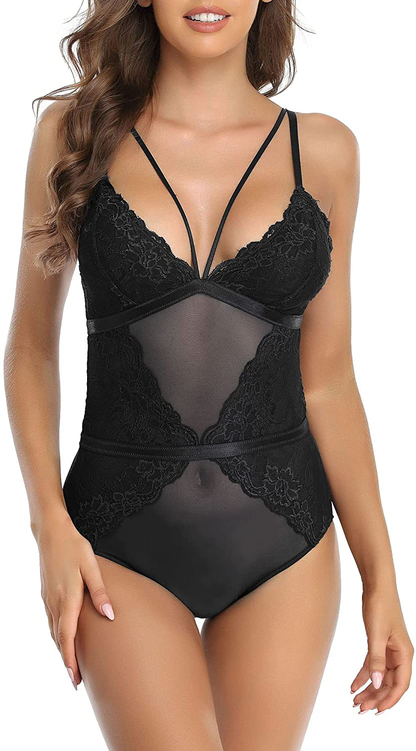 SHEKINI Women’s One Piece Lingerie Padded Leopard Teddy Mesh Bodysuit Apparel & Accessories > Clothing > Underwear & Socks > Lingerie KYLIE MAX Black 6079 Small 