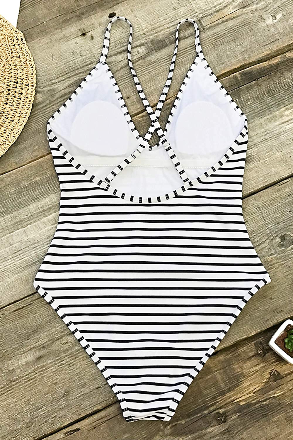 CUPSHE Women'S One Piece Swimsuit Striped Scoop Neck Cross Back Beach Swimwear Bathing Suits Apparel & Accessories > Clothing > Swimwear Kylie Max   