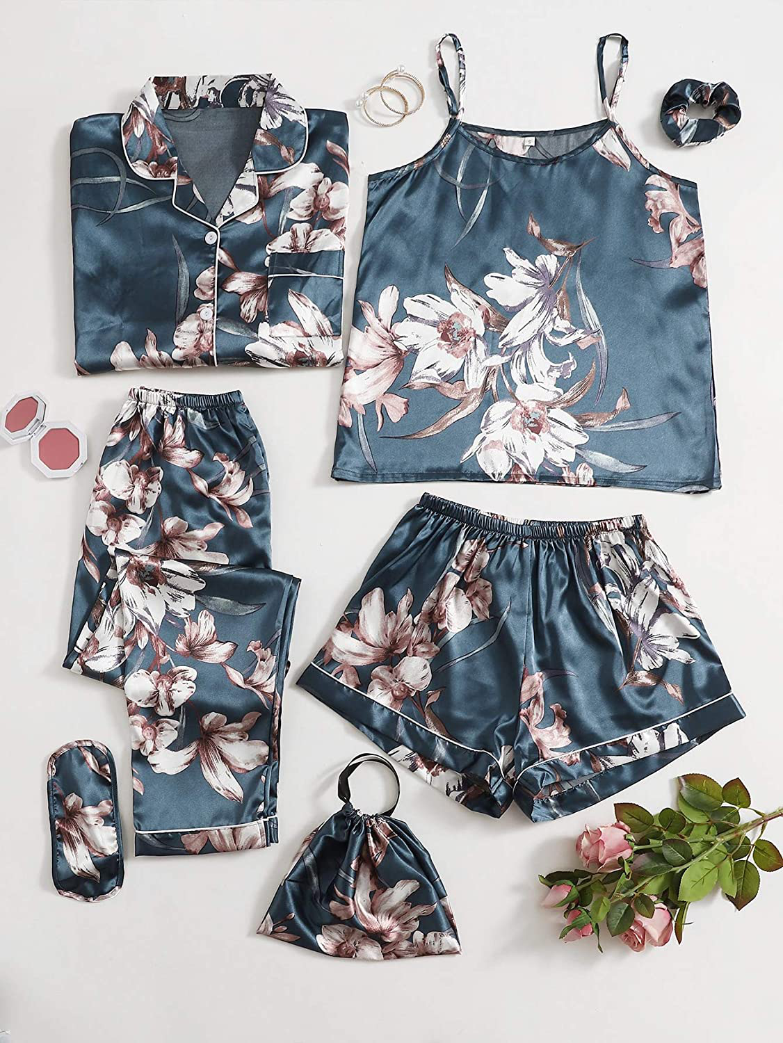 DIDK Women'S Satin 7Pcs Pajama Set Cami Pjs with Shirt and Eye Mask Sleepwear Apparel & Accessories > Clothing > Sleepwear & Loungewear Kylie Max   