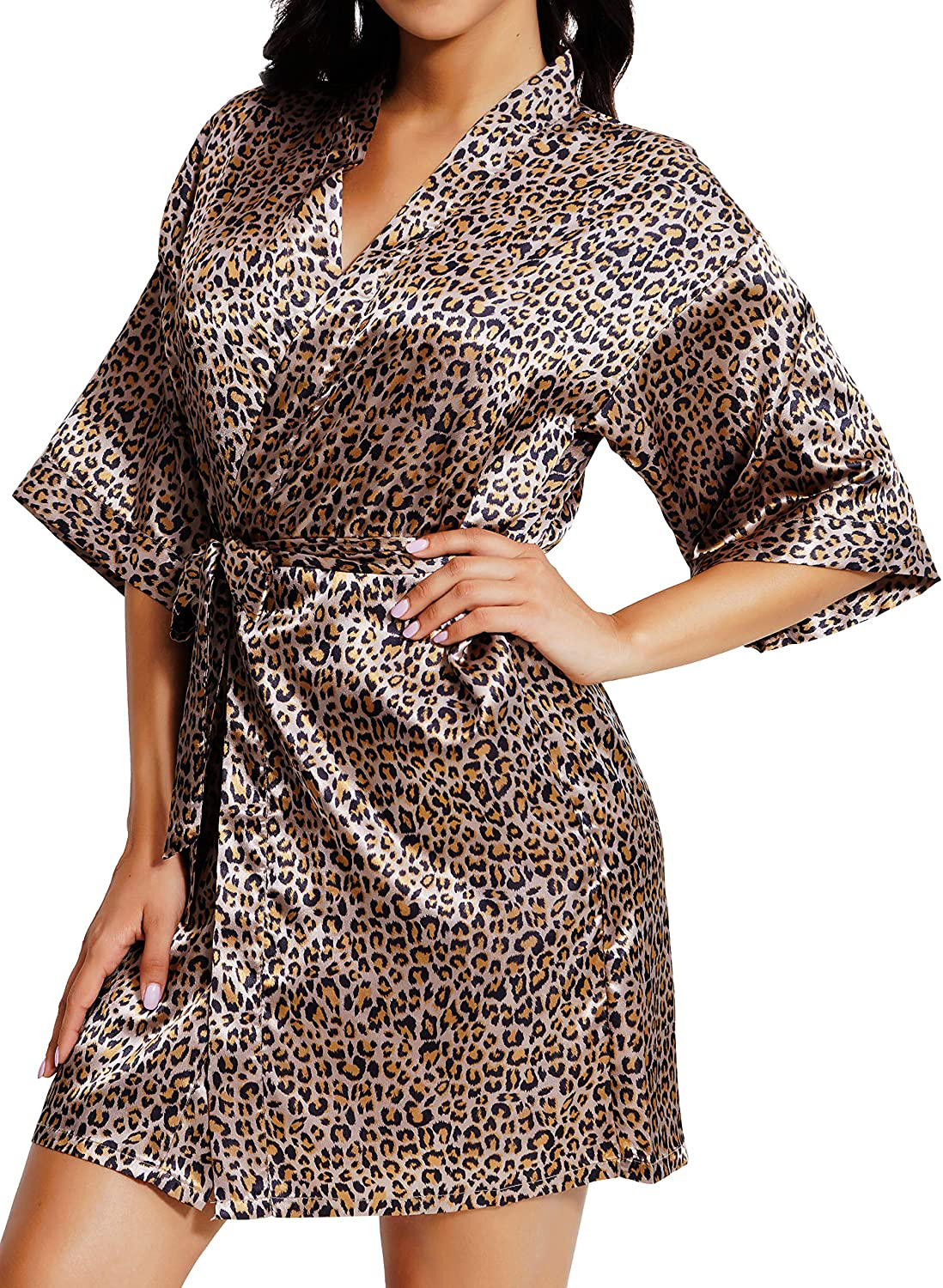 Giova Women'S Short Kimono Robe Solid Color Wedding Party Bathrobe Lightweight Apparel & Accessories > Clothing > Sleepwear & Loungewear > Robes Giova Leopard Large 