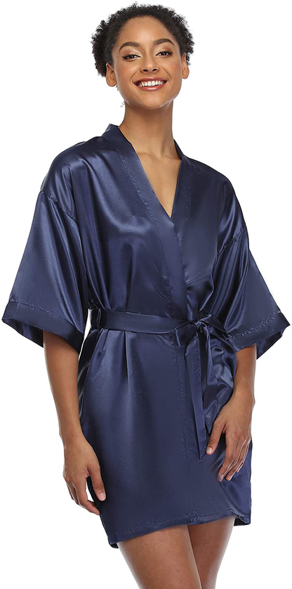 SUGAR JAN Women'S Short Satin Kimono Robes for Bride and Bridesmaids Silky Pure Color Bathrobe with Pockets Apparel & Accessories > Clothing > Sleepwear & Loungewear > Robes SUGAR JAN   