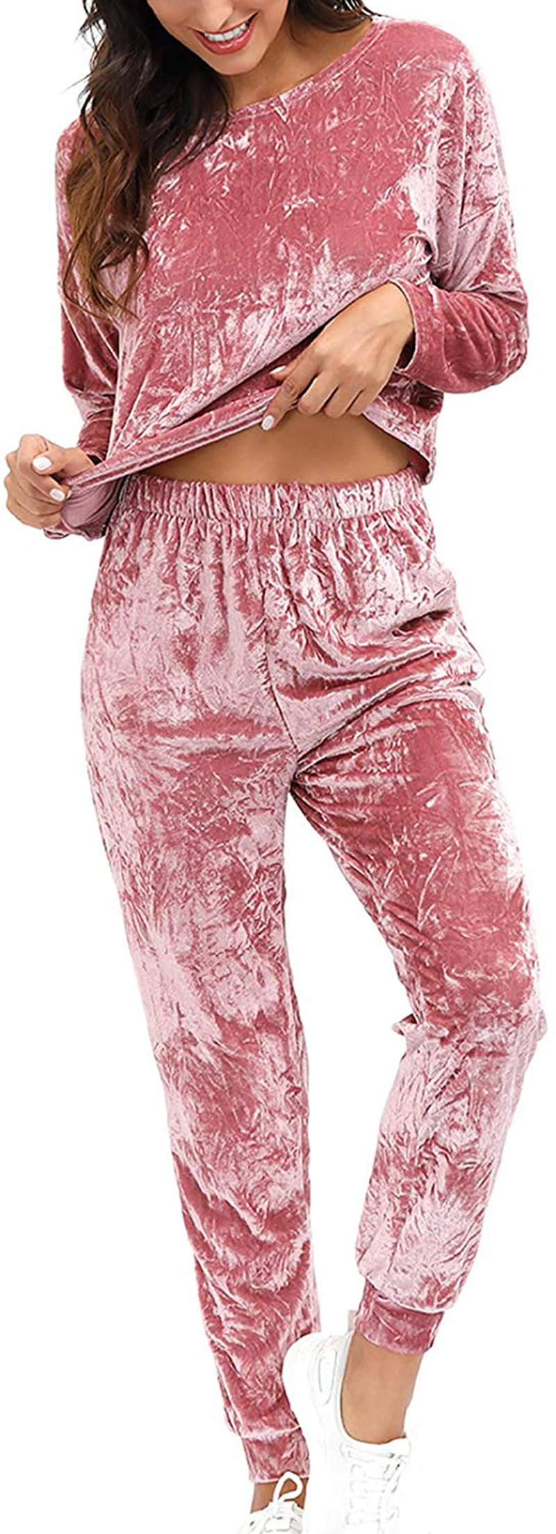 Velvet Lounge Set For Women - Wrinkle Solid Two Piece Loungewear Pajamas Tracksuit Sets Apparel & Accessories > Clothing > Sleepwear & Loungewear > Pajamas Lexiart Maroon X-Large 
