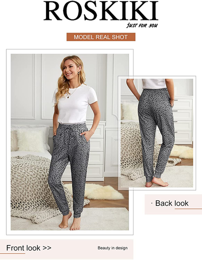 ROSKIKI Womens Leopard Drawstring Elastic Waist Sports Lounge Pants with Pockets Apparel & Accessories > Clothing > Activewear Kylie Max   