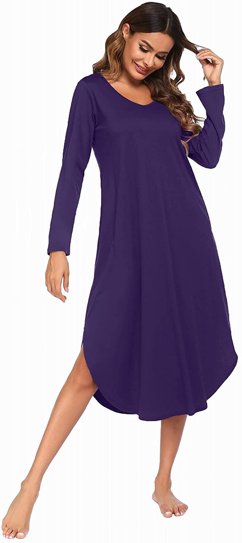 Ekouaer Nightgowns Womens V Neck Nightshirts Long Sleeve Sleepwear plus Size Night Wear S-XXL Apparel & Accessories > Clothing > Sleepwear & Loungewear > Nightgowns Kylie Max   