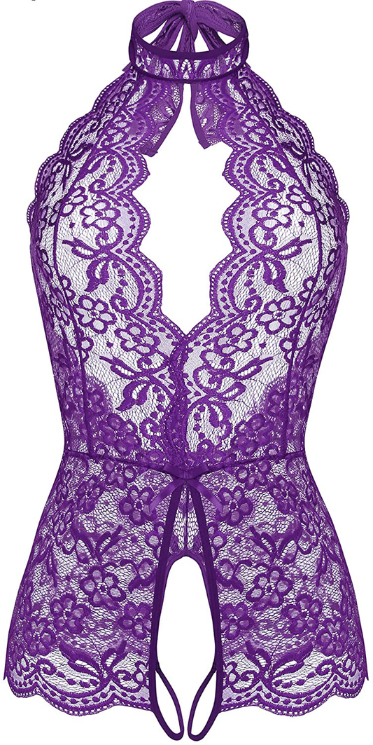 LOLLO VITA Women Lingerie Lace Bodysuit One Piece Babydoll Teddy Chemise Sleepwear Apparel & Accessories > Clothing > Underwear & Socks > Lingerie LOLLO VITA Purple Small 