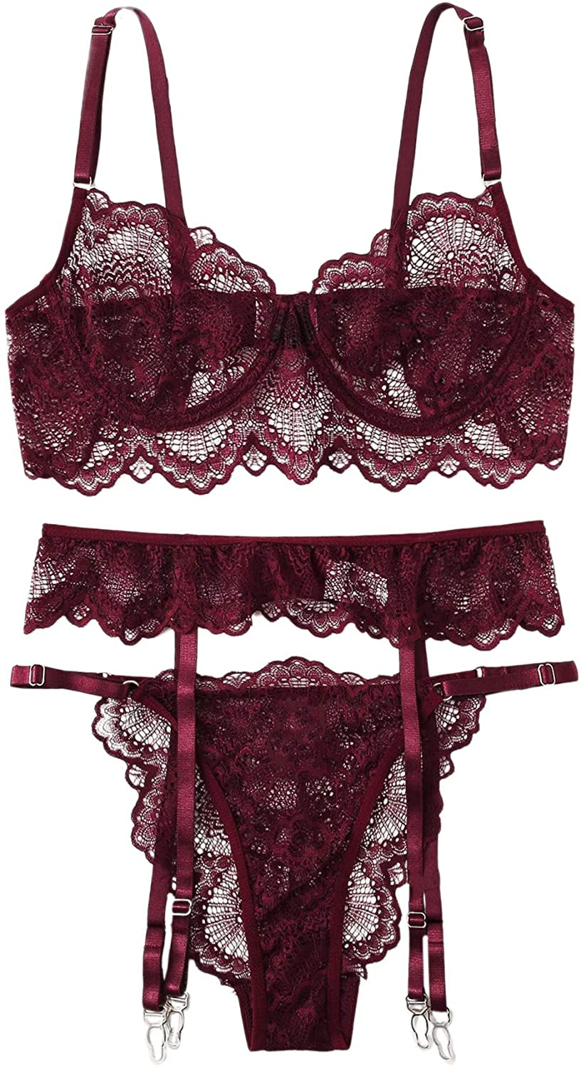 Shein Women'S 3 Piece Floral Lace Lingerie Set with Garter Belts Sexy Bra and Panty Apparel & Accessories > Clothing > Underwear & Socks > Lingerie SheIn Burgundy Large 