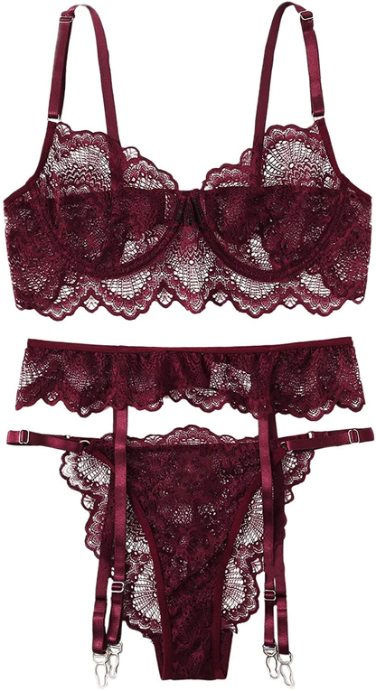 Shein Women'S 3 Piece Floral Lace Lingerie Set with Garter Belts Sexy Bra and Panty Apparel & Accessories > Clothing > Underwear & Socks > Lingerie SheIn Burgundy Large 