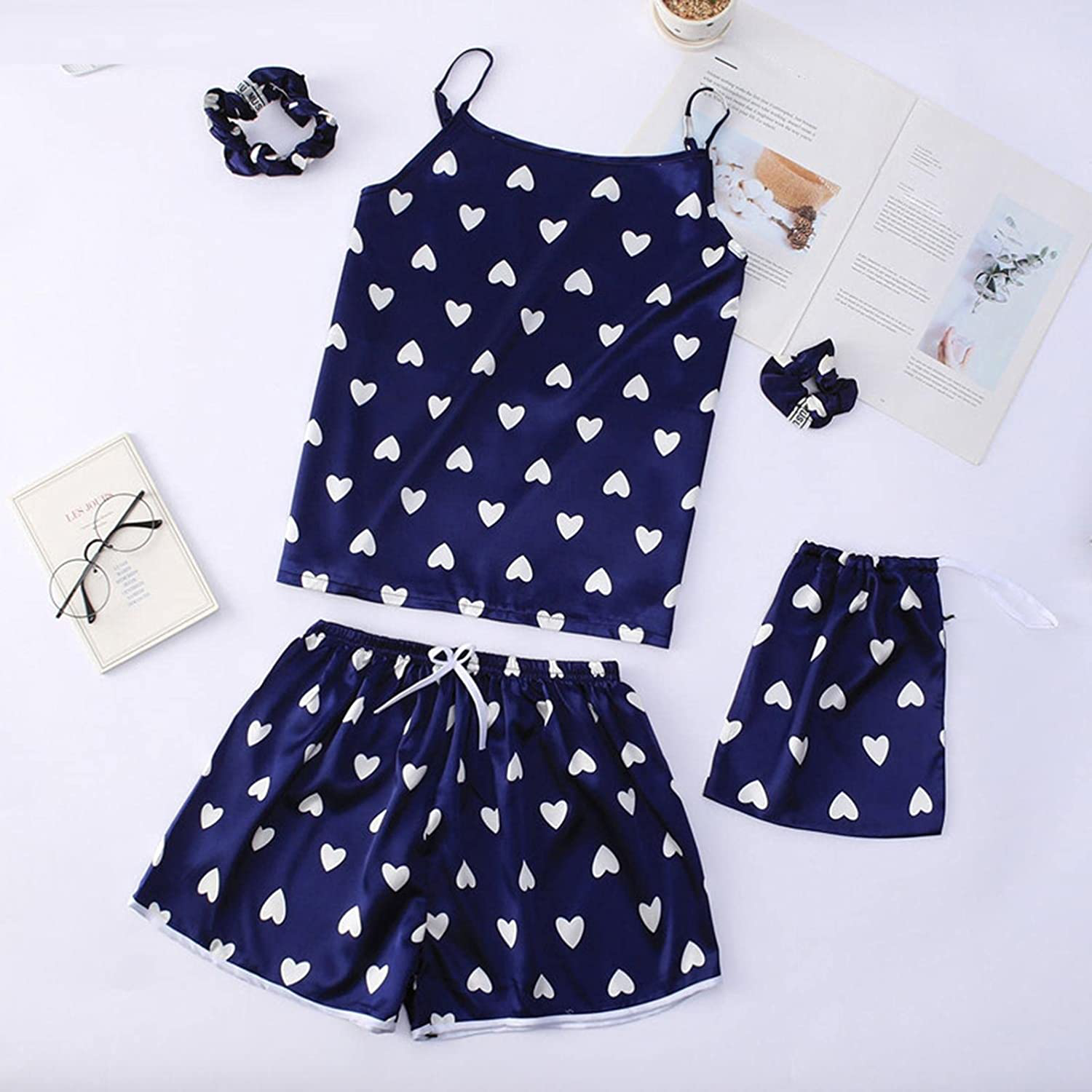 Women'S 7 Piece Print Pajama Set Satin Pajamas Set Sleepwear Sexy Cami Pjs with Button down Long Sleeve Shirt and Eye Mask Apparel & Accessories > Clothing > Sleepwear & Loungewear Kylie Max   
