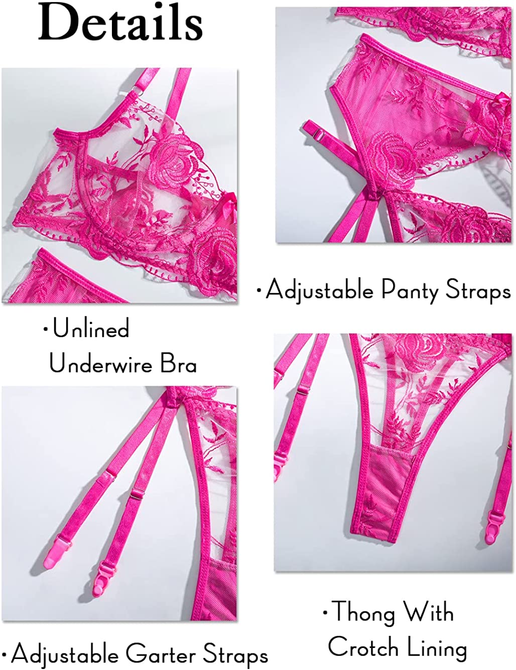 Kaei&Shi Floral Embroidered Mesh Sheer,Underwire Satin Bow,High Cut Thong,Belt Garter Lingerie Apparel & Accessories > Clothing > Underwear & Socks > Lingerie Kaei&Shi   