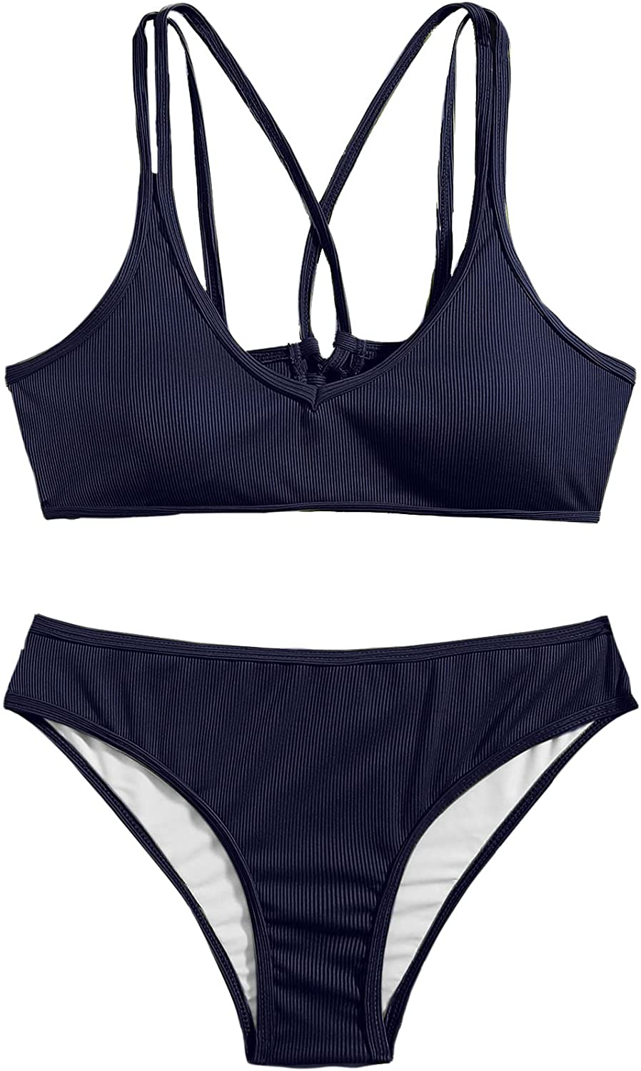 SweatyRocks Women's Bathing Suits Spaghetti Strap Criss Cross Back Bikini Ribbed Swimsuit Apparel & Accessories > Clothing > Swimwear SweatyRocks Navy Small 
