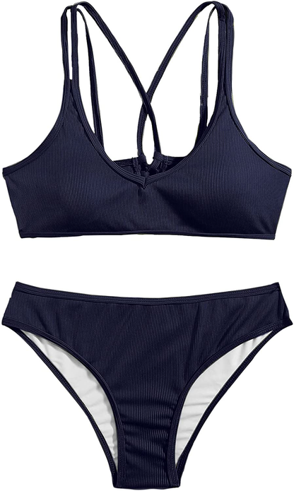SweatyRocks Women's Bathing Suits Spaghetti Strap Criss Cross Back Bikini Ribbed Swimsuit Apparel & Accessories > Clothing > Swimwear SweatyRocks Navy Small 
