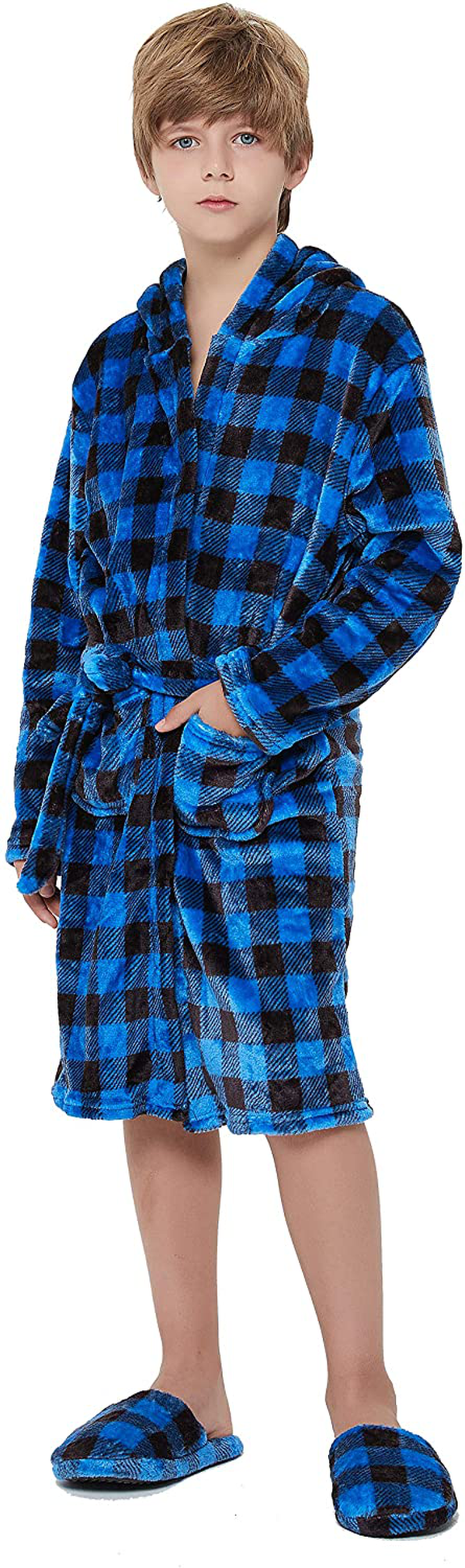 Kids Soft Plush Hooded Bathrobe Matching Slippers,Spa Robe Hooded Flannel Pajamas Sleepwear for Boys Girls Apparel & Accessories > Clothing > Sleepwear & Loungewear > Robes Kylie Max   