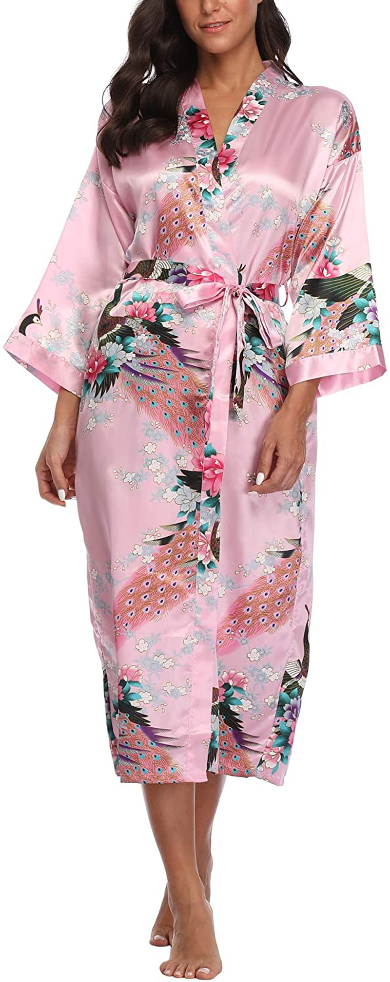 Witbuy Women'S Long Floral Kimono Robes for Party Satin Peacock Printed Bathrobe Silky Nightgown Lightweight Loungewear Apparel & Accessories > Clothing > Sleepwear & Loungewear > Robes WitBuy   