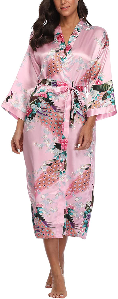 Witbuy Women'S Long Floral Kimono Robes for Party Satin Peacock Printed Bathrobe Silky Nightgown Lightweight Loungewear Apparel & Accessories > Clothing > Sleepwear & Loungewear > Robes WitBuy   