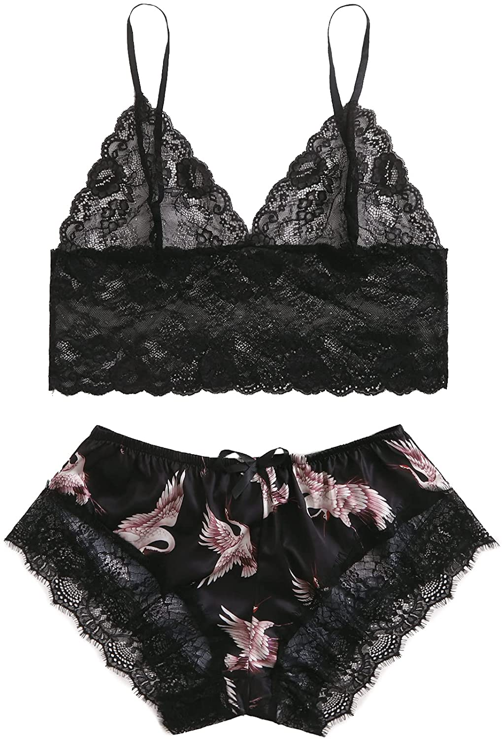 SOLY HUX Women'S plus Size Spaghetti Strap Lace Trim Bralette and Shorts Sleepwear Pajama Lingerie Set Apparel & Accessories > Clothing > Underwear & Socks > Lingerie KYLIE MAX Black Crane 4X-Large Plus 