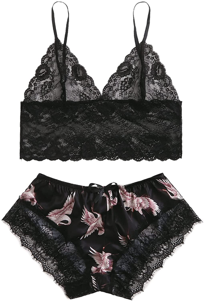 SOLY HUX Women'S plus Size Spaghetti Strap Lace Trim Bralette and Shorts Sleepwear Pajama Lingerie Set Apparel & Accessories > Clothing > Underwear & Socks > Lingerie KYLIE MAX Black Crane 4X-Large Plus 