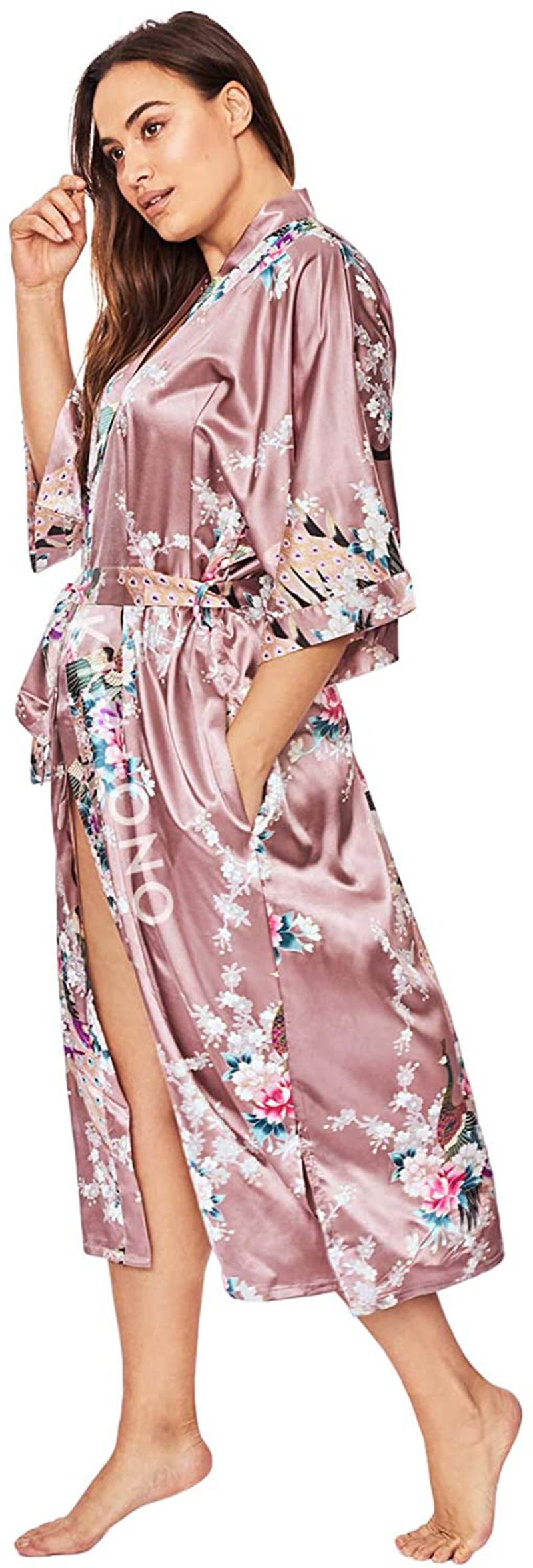 KIM+ONO plus Size Women'S Satin Kimono Robe Long - Floral Apparel & Accessories > Clothing > Sleepwear & Loungewear > Robes KIM+ONO Peacock & Blossoms - Mauve  