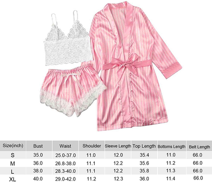 TAKOYI Women'S Sexy Lace 3 Piece Satin Robe and Pajama Set Cami Top Lingerie with Robe Camisole Shorts Apparel & Accessories > Clothing > Sleepwear & Loungewear Kylie Max   