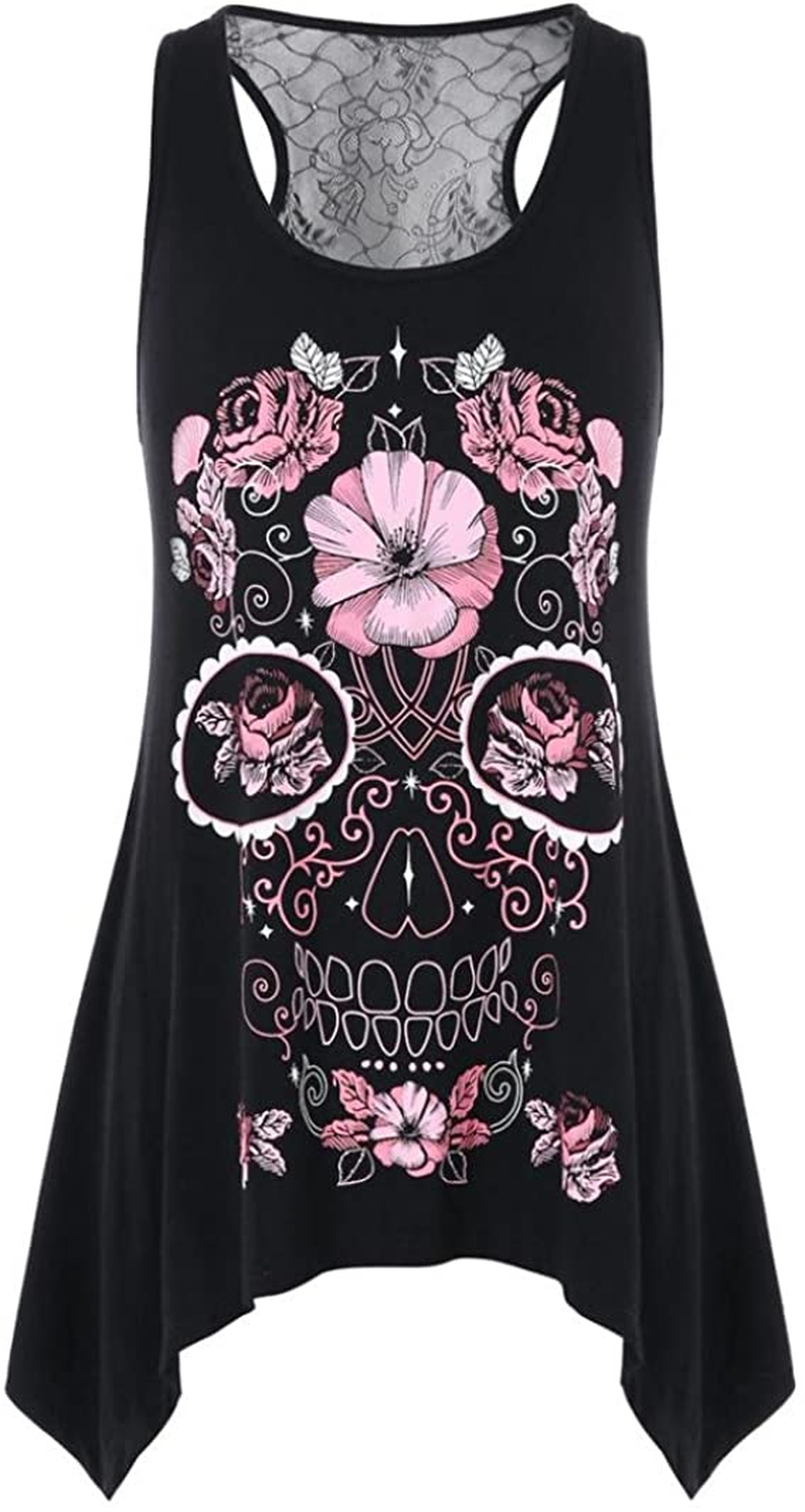 NREALY Womens Fashion Flowered Skull Printed Lace Back Tank Top O-Neck Blouse Vest Apparel & Accessories > Clothing > Underwear & Socks > Shapewear NREALY   
