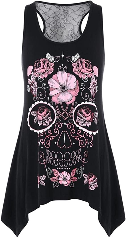 NREALY Womens Fashion Flowered Skull Printed Lace Back Tank Top O-Neck Blouse Vest Apparel & Accessories > Clothing > Underwear & Socks > Shapewear NREALY   