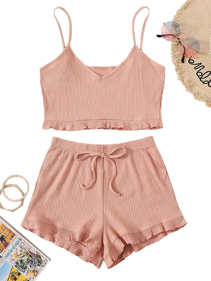 Shein Women'S 2 Pieces Sleeveless V Neck Crop Top Frill Trim Shorts Pajama Sets Apparel & Accessories > Clothing > Sleepwear & Loungewear Kylie Max   