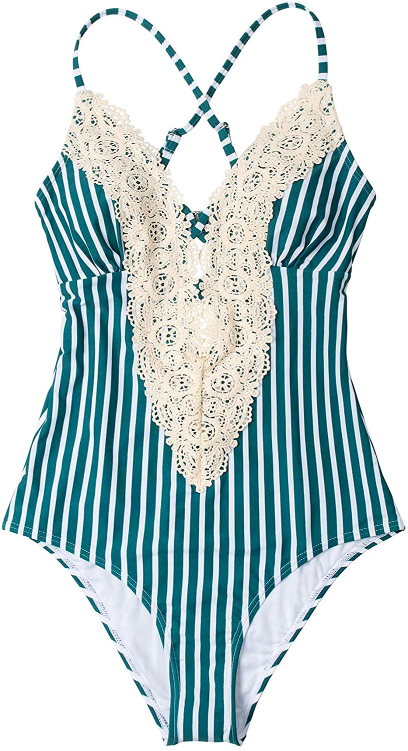CUPSHE Fashion Women's Ladies Vintage Lace Bikini Sets Beach Swimwear Bathing Suit Apparel & Accessories > Clothing > Swimwear CUPSHE Teal Stripe Medium 