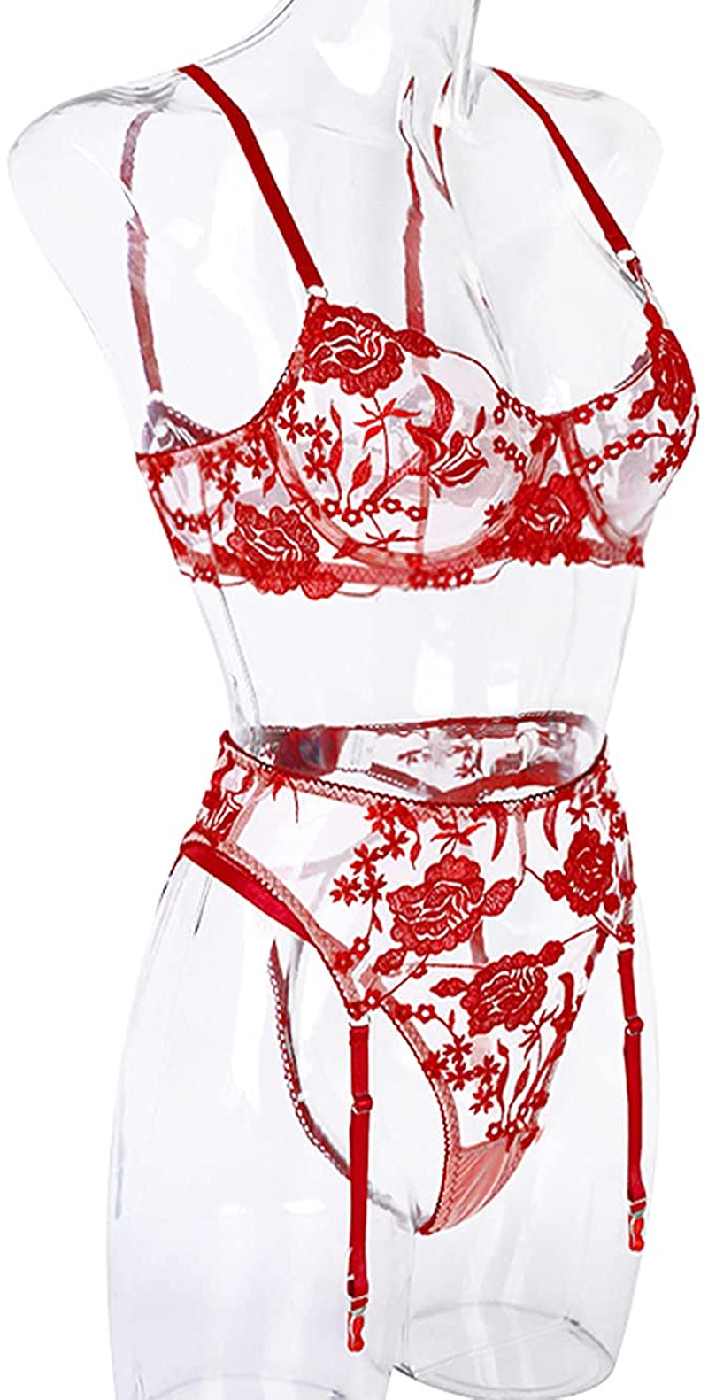 Kaei&Shi Garter Lingerie for Women,Embroidered Underwire Sexy Lingerie, High Waisted 3 Piece Lingerie Set Apparel & Accessories > Clothing > Underwear & Socks > Lingerie Kaei&Shi   