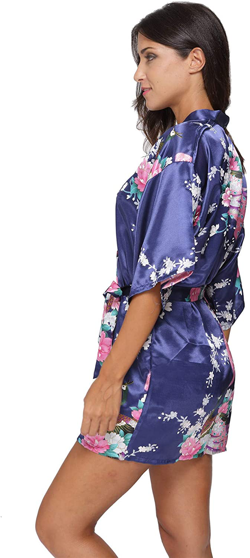 Original Kimono Women'S Short Satin Kimono Robe Floral Peacock Patterned Bathrobe Silky Bridal Nightwear Apparel & Accessories > Clothing > Sleepwear & Loungewear > Robes Original Kimono   