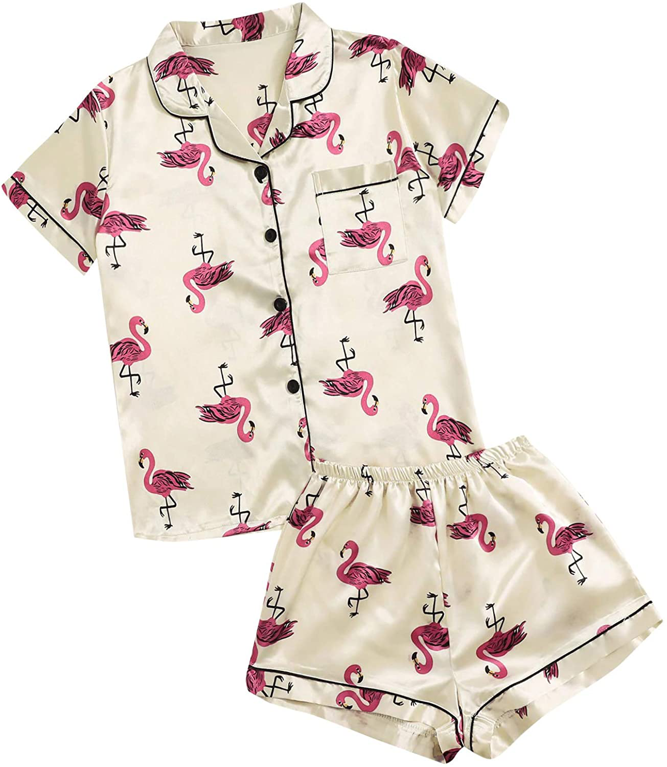 Floerns Women's Notch Collar Palm Leaf Print Sleepwear Two Piece Pajama Set Apparel & Accessories > Clothing > Sleepwear & Loungewear > Pajamas Floerns Beige Flamingo Small 