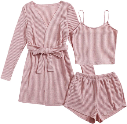 Shein Women'S 3Pcs Rib Knit Lounge Wear Cami Shorts Pajama Set with Belted Robe Apparel & Accessories > Clothing > Sleepwear & Loungewear Kylie Max   