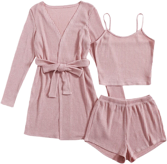 Shein Women'S 3Pcs Rib Knit Lounge Wear Cami Shorts Pajama Set with Belted Robe Apparel & Accessories > Clothing > Sleepwear & Loungewear Kylie Max   