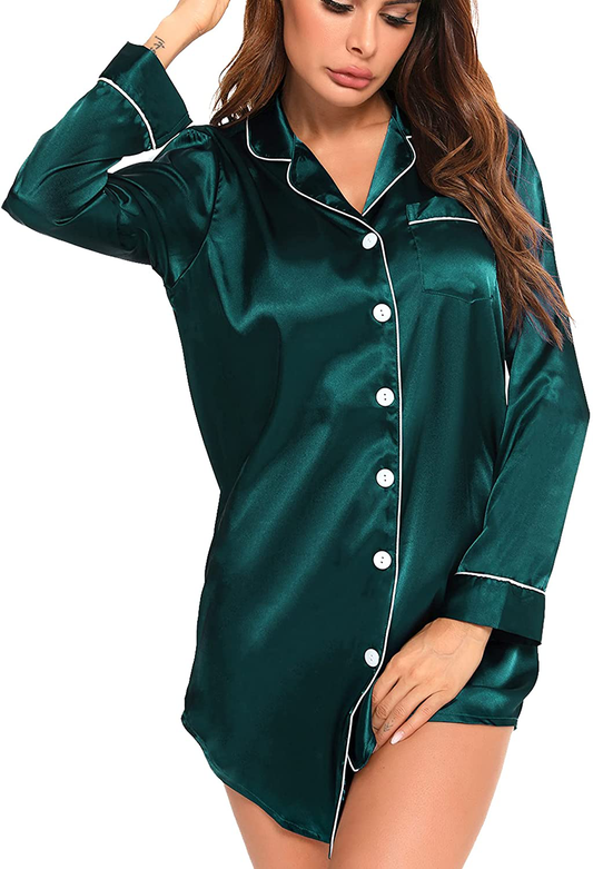 SWOMOG Women'S Satin Sleep Shirt Long Sleeve Sleepwear Silk Nightshirt Button down Pajama Top Apparel & Accessories > Clothing > Sleepwear & Loungewear > Nightgowns Kylie Max   