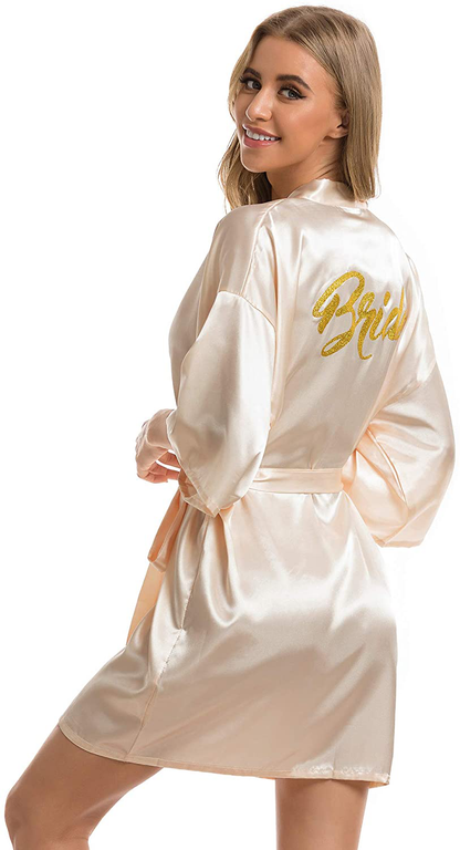 Vlazom Women'S Satin Robe Short Kimono for Bride & Bridesmaid Wedding Party Robes with Gold Glitter or Rhinestones Apparel & Accessories > Clothing > Sleepwear & Loungewear > Robes KYLIE MAX Champagne for Bride Small 