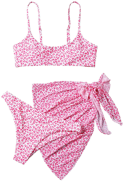 SOLY HUX Women's Wrap Triangle Bikini Bathing Suits with Mesh Beach Skirt 3 Piece Swimsuits Apparel & Accessories > Clothing > Swimwear KYLIE MAX Pink Leopard Small 