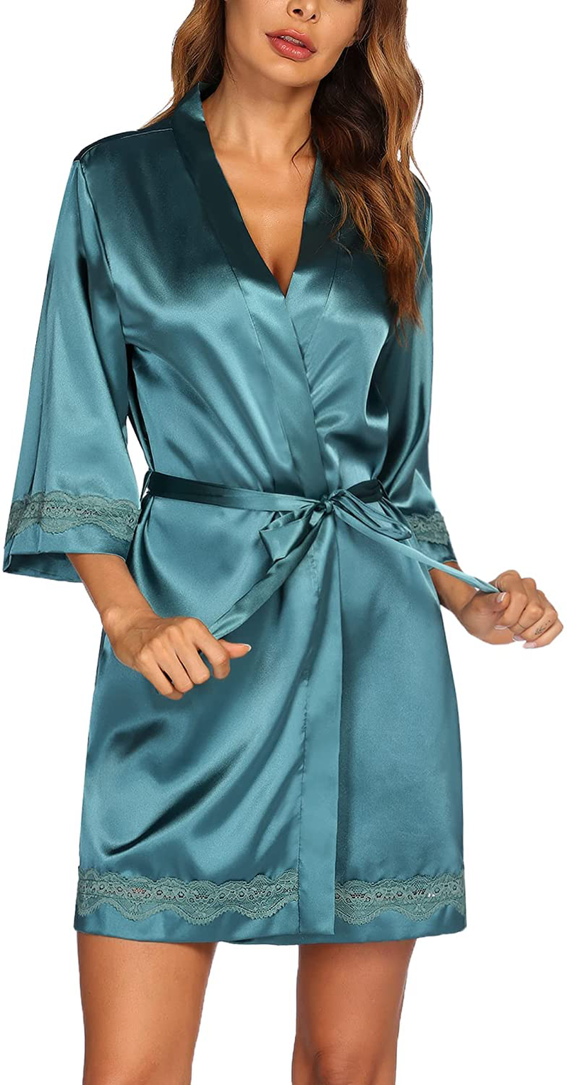 Ekouaer Women'S Lace-Trim Kimono Style Short Satin Robe Sleepwear with 3/4 Sleeve Apparel & Accessories > Clothing > Sleepwear & Loungewear > Robes Ekouaer   